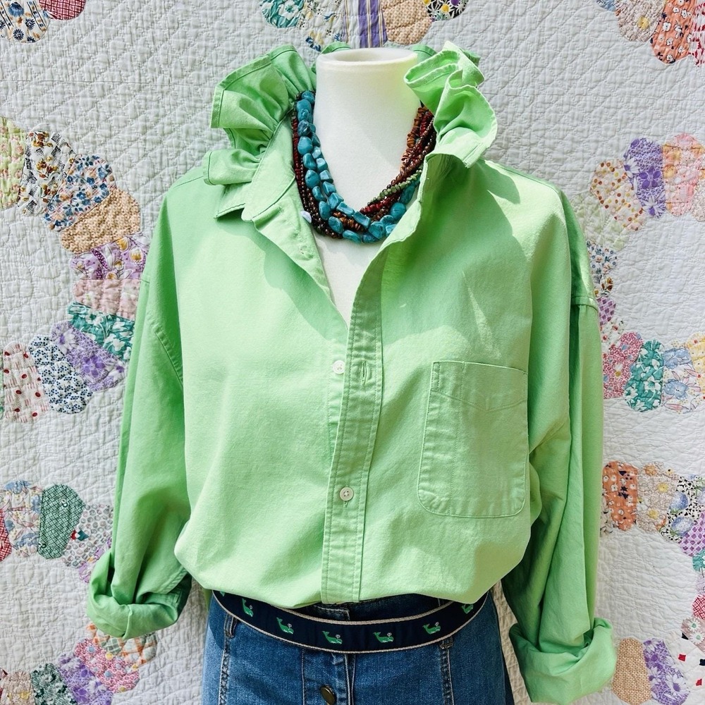 Upcycled Re-worked GAP Lime Green Oxford Cloth Cropped Ruffle Collar Shirt XXL